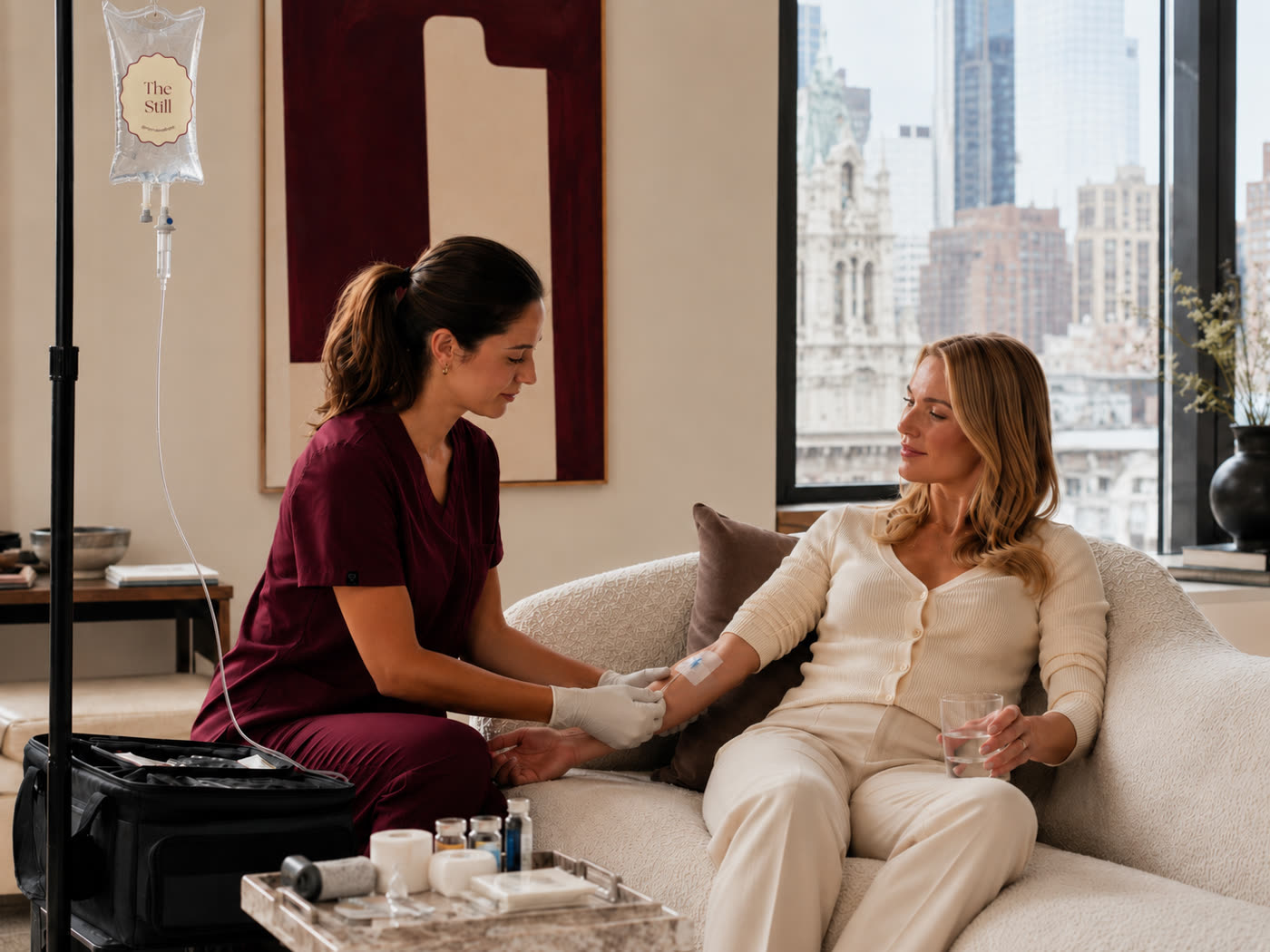 A Morrae nurse placing an IV for a client relaxing on her sofa
