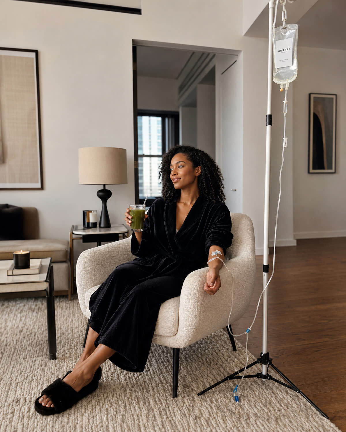 A Morrae client in a robe enjoying a green juice during her drip at home